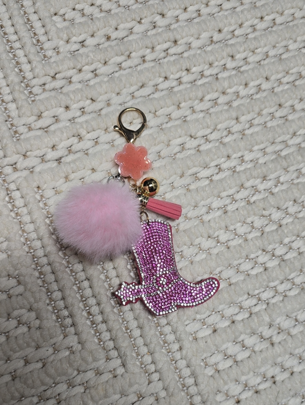 Pink Rhinestone Cowboy Boot Keychain with Pom Pom